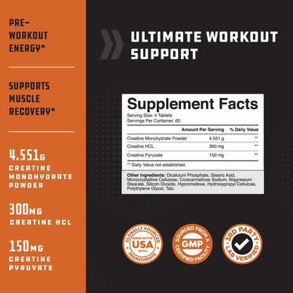 High Strength Tri Phase Creatine Tablets for Women & Men - Formula Blend of Creatine Monohydrate, 300Mg HCL & Pyruvate Supplement - Muscle Mass Gain & Recovery Supplement - 240 Count