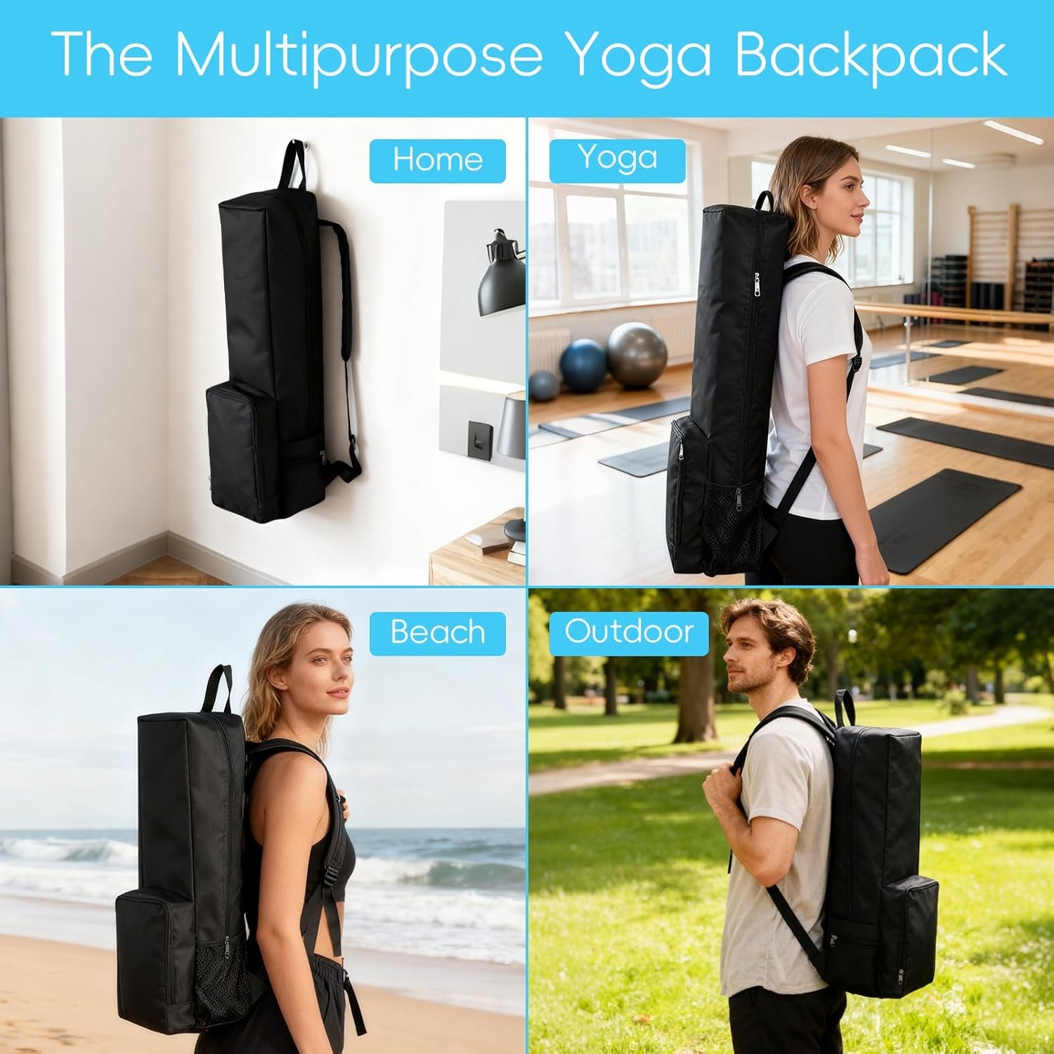 Yoga Mat Bag -Yoga Mat Bag Carrier with Pockets and Adjustable Strap, Lightweight Waterproof Yoga Mat Backpack for Women and Men, Fits Yoga Mats and Yoga Accessories for Workouts (Black)