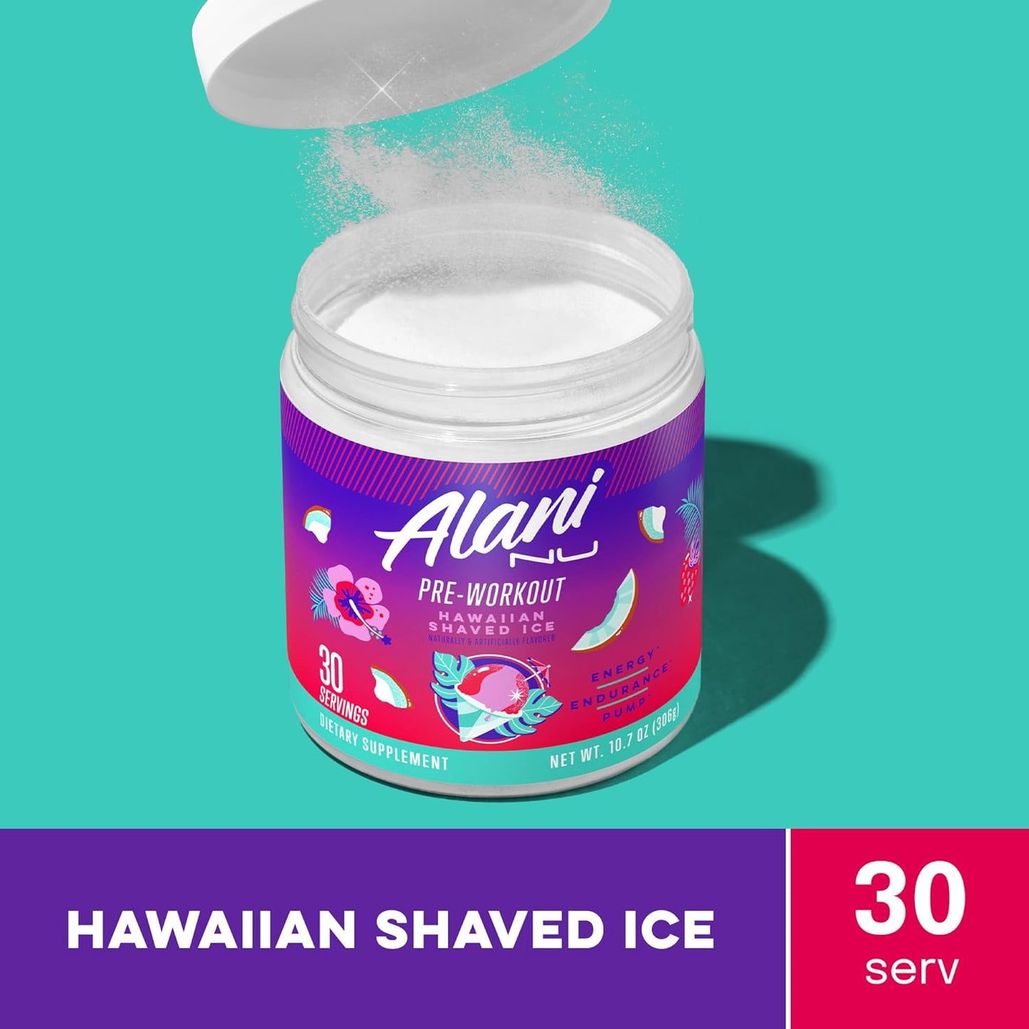 Pre Workout Powder Hawaiian Shaved ICE, Amino Energy Boost, Endurance Supplement, Sugar Free, 200Mg Caffeine, L-Theanine, Beta-Alanine, L-Citrulline, 30 Servings