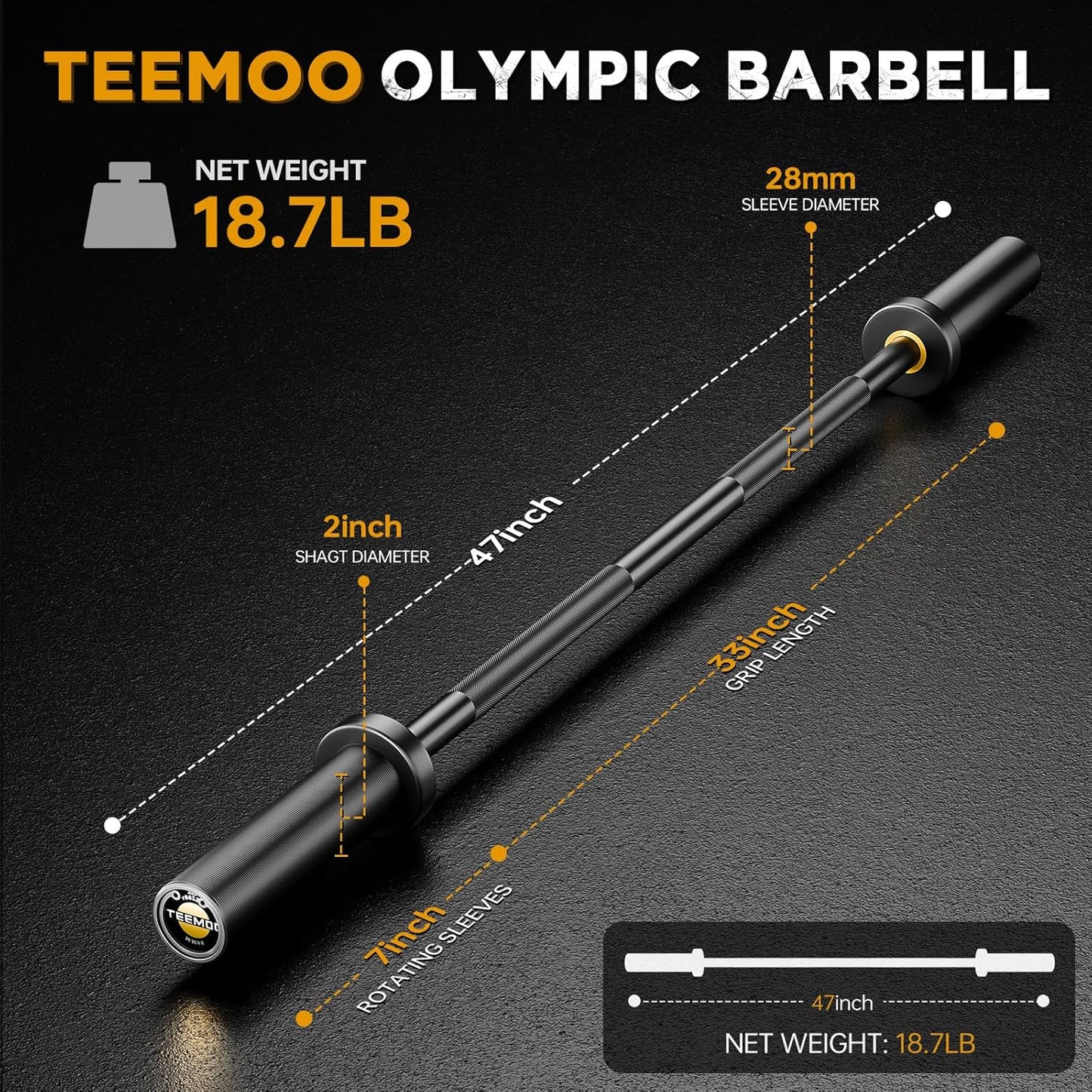 Olympic Barbell Bar, 57"/47" Barbell Bar with 2 Spring Collars, Strength Training Bars, Bench Press Bar for Weight Lifting, Squat, Hip Thrusts, Biceps, 700Lb/500Lb Weight Capacity, E-Coat Finish for 2 Inch Weight Plates (Black)
