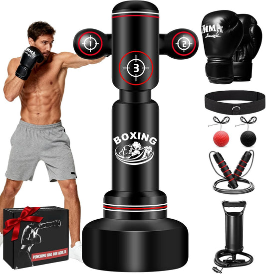 Heavy Boxing Bag with Stand for Adult Teens, 70'' Freestanding Punching Bag with Boxing Gloves, Men Women Standing Kickboxing Bag, Kickboxing Bags for Beginners Training MMA Muay Thai Fitness Home Gym