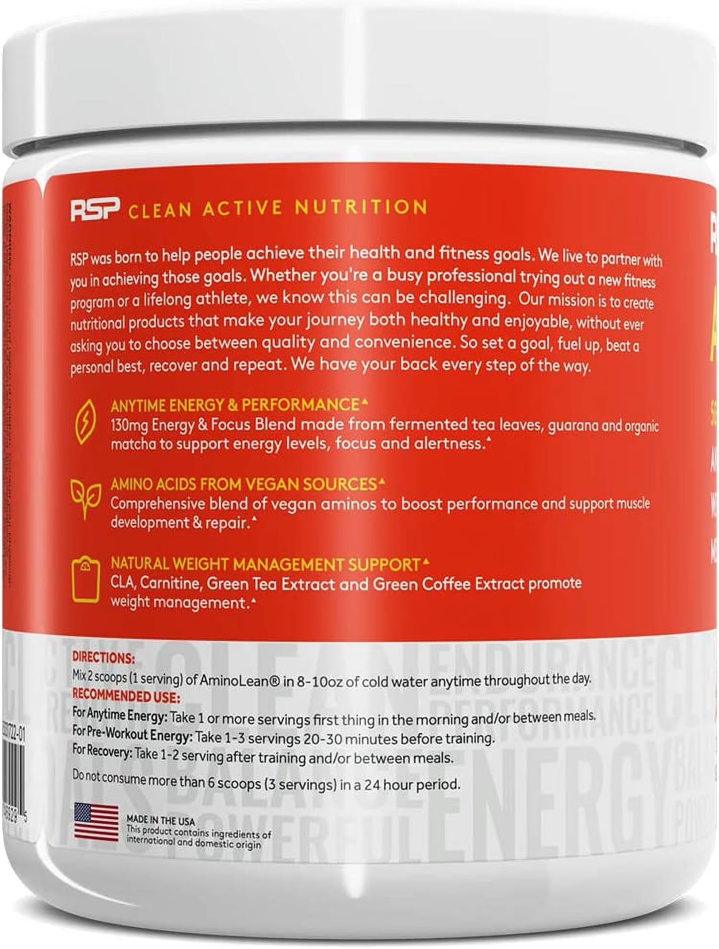 Vegan Aminolean Pre Workout Powder with Bcaas, Natural Amino Energy for Lean Muscle, Mango Flavor, 25 Servings