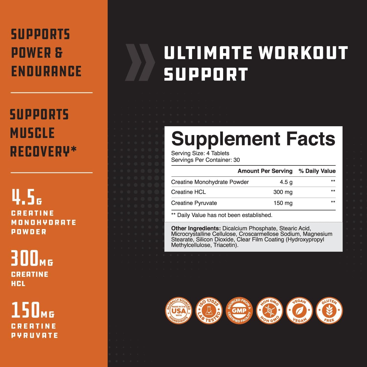 High Strength Tri Phase Creatine Tablets for Women & Men - Formula Blend of Creatine Monohydrate, 300Mg HCL & Pyruvate Supplement - Muscle Mass Gain & Recovery Supplement - 120 Count
