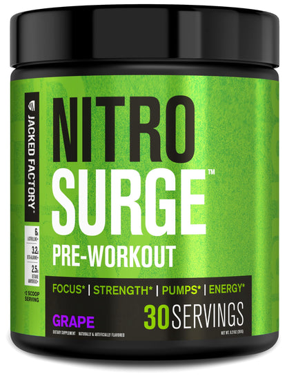 NITROSURGE Pre Workout Supplement - Endless Energy, Instant Strength Gains, Clear Focus, Intense Pumps - Nitric Oxide Booster & Powerful Preworkout Energy Powder - 30 Servings, Grape