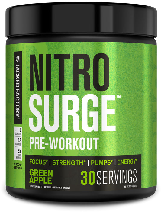 NITROSURGE Pre Workout Supplement - Endless Energy, Instant Strength Gains, Clear Focus, Intense Pumps - NO Booster & Powerful Preworkout Energy Powder - 30 Servings, Green Apple