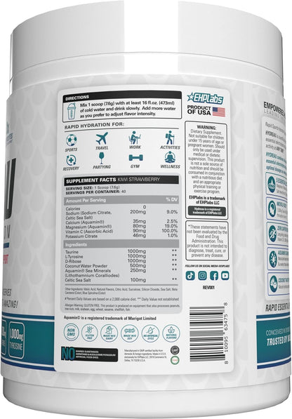 Hydreau Electrolytes Powder No Sugar - Hydration Powder for Endurance & Energy - Electrolyte Powder for Men & Women - Sugar Free Electrolytes - Kiwi Strawberry (40 Serves)