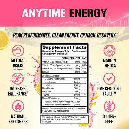 EVL Bcaas Amino Acids Powder - BCAA Energy Pre Workout Powder for Muscle Recovery Lean Growth and Endurance - Rehydrating Post Workout Recovery Drink with Natural Caffeine - Pink Lemonade