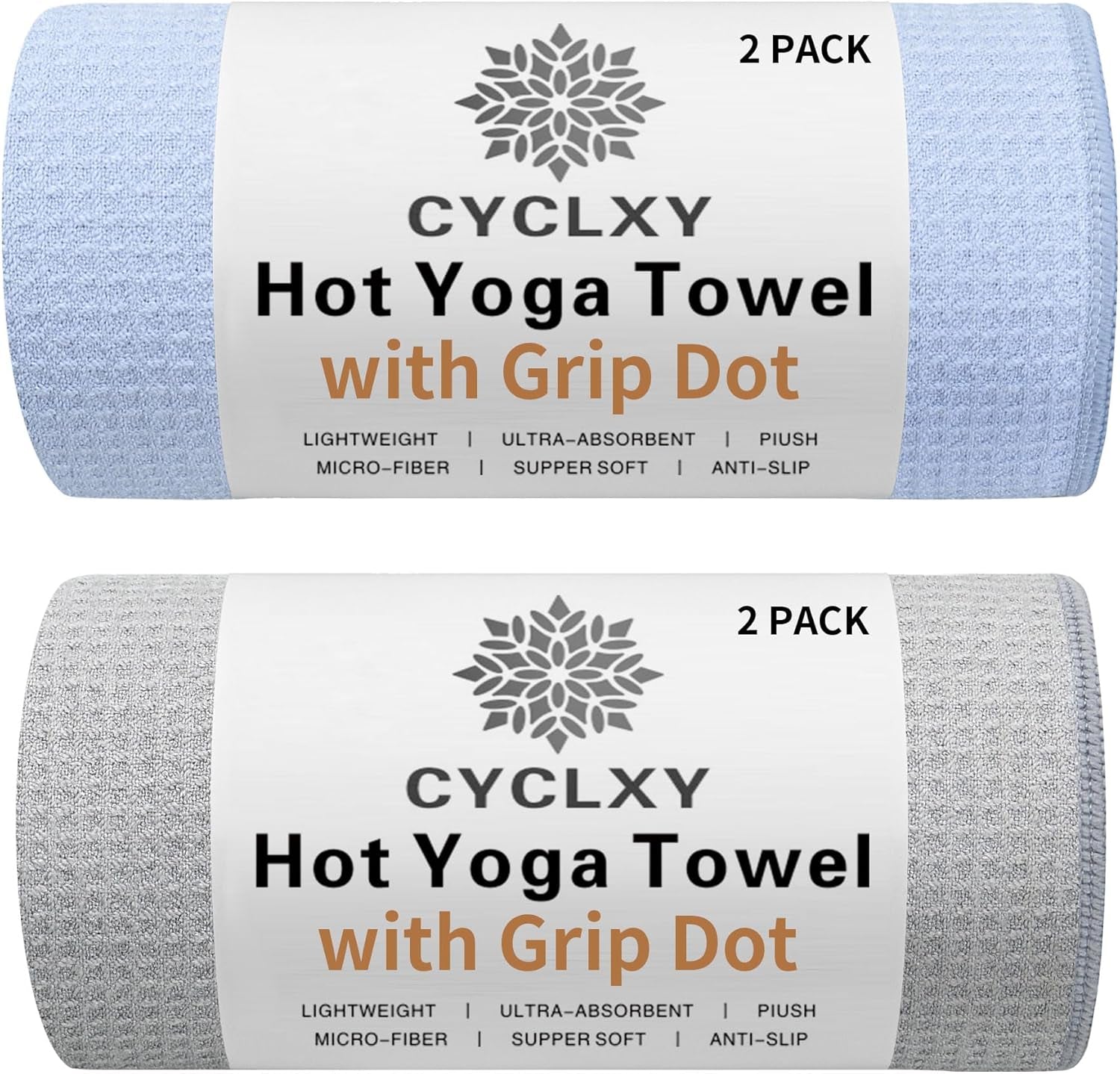 2 Pack Hot Yoga Towel with Grip Dot，Stickyfiber Yoga Mat Towels Non Slip for Hot Yoga,Absorbent Microfiber Sweat Anti-Slip Cover,Bikram,Pilates,Exercise
