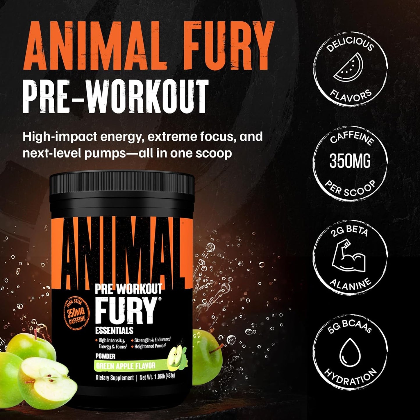 Fury Pre Workout Powder - Green Apple, 350Mg Caffeine, BCAA Amino Acids, 2G Beta Alanine, Citrulline & Tyrosine, Energy, Focus, Strength, Endurance, Preworkout for Men & Women, 20 Servings