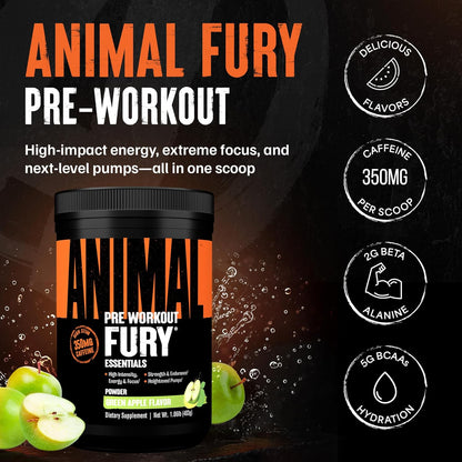 Fury Pre Workout Powder - Green Apple, 350Mg Caffeine, BCAA Amino Acids, 2G Beta Alanine, Citrulline & Tyrosine, Energy, Focus, Strength, Endurance, Preworkout for Men & Women, 20 Servings