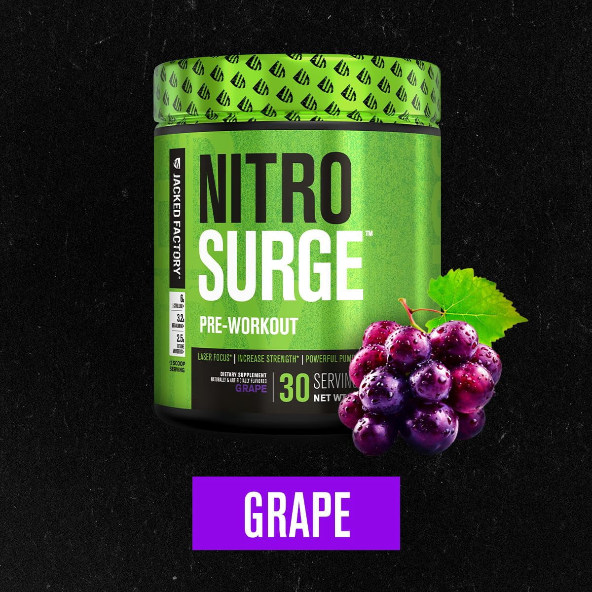 NITROSURGE Pre Workout Supplement - Endless Energy, Instant Strength Gains, Clear Focus, Intense Pumps - Nitric Oxide Booster & Powerful Preworkout Energy Powder - 30 Servings, Grape