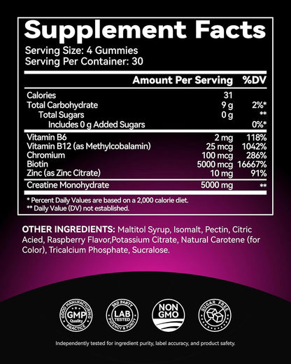 Creatine Monohydrate Gummies for Men & Women 5000 Mg, 3Rd Party Tested, Creatine Chews for Muscle Growth, Strength & Energy Support, Sugar Free, Vegan, 120 Count