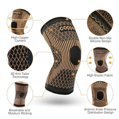 Knee Brace for Women & Men1 Pair, Copper Knee Braces for Knee Pain and Support, Copper Ions Fiber Compression Knee Sleeve for Running, Meniscus Tear, ACL, Joint Pain Relief (2, Xx-Large)