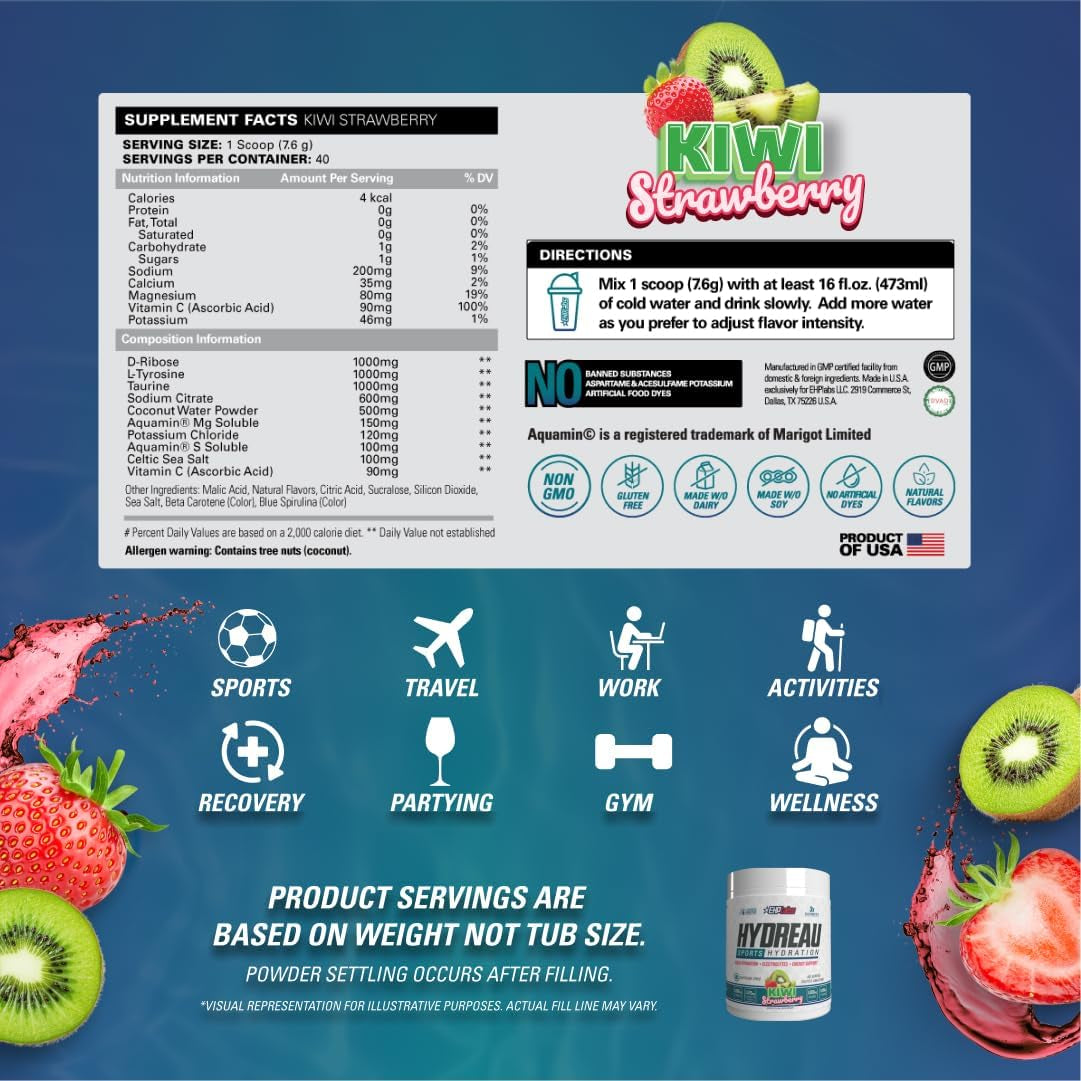 Hydreau Electrolytes Powder No Sugar - Hydration Powder for Endurance & Energy - Electrolyte Powder for Men & Women - Sugar Free Electrolytes - Kiwi Strawberry (40 Serves)