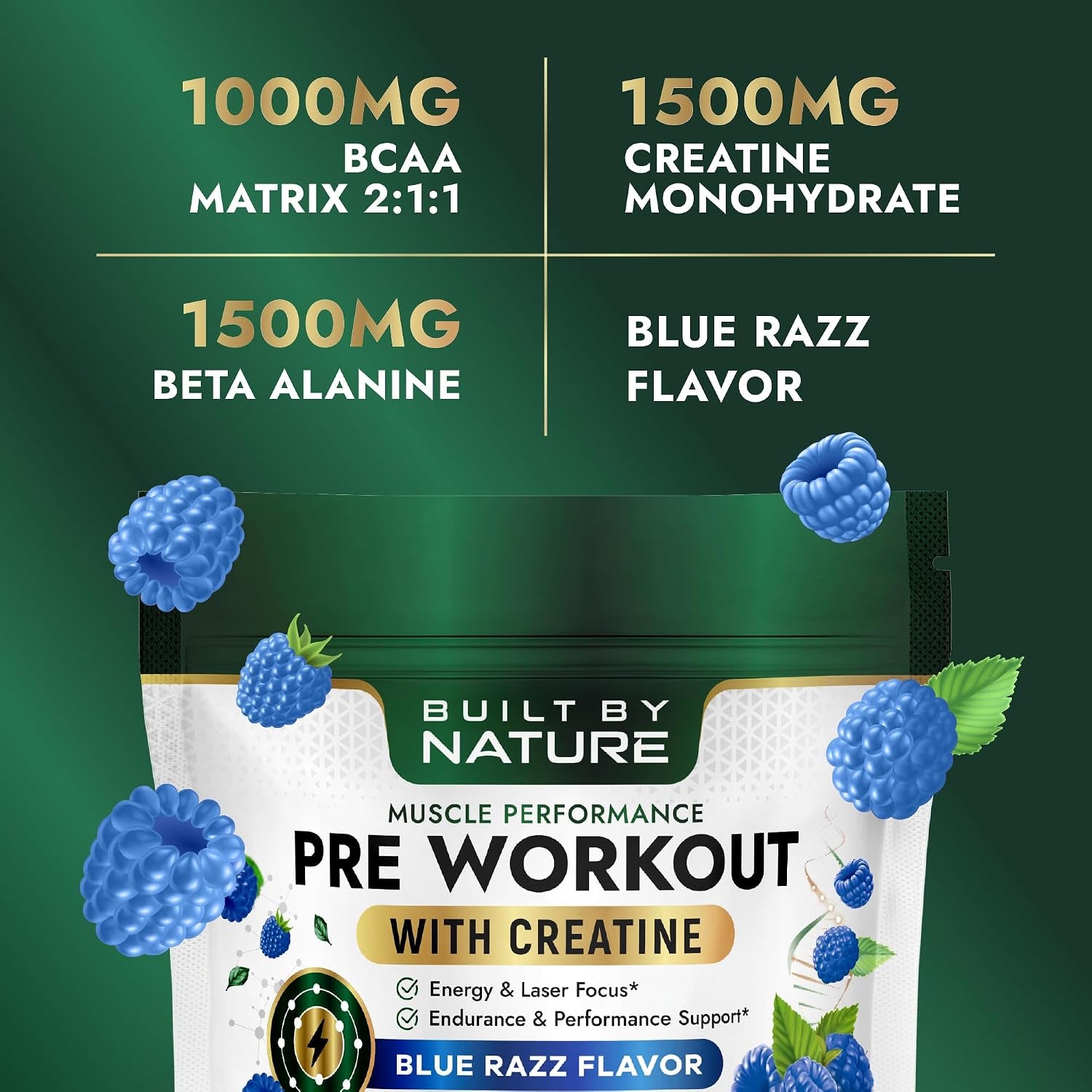 Pre Workout Powder for Men & Women – Preworkout with Creatine for Energy, Focus & Pumps – Sports Nutrition Pre-Workout Supplement – Blue Razz Flavor, 30 Servings