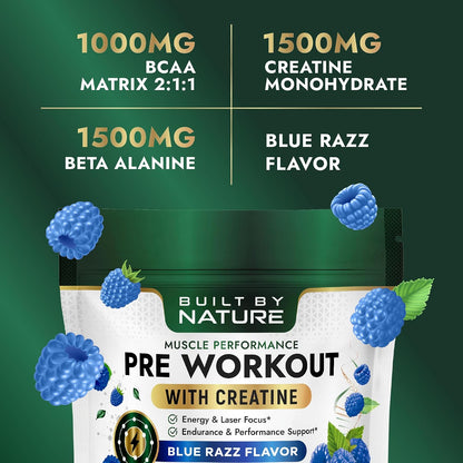 Pre Workout Powder for Men & Women – Preworkout with Creatine for Energy, Focus & Pumps – Sports Nutrition Pre-Workout Supplement – Blue Razz Flavor, 30 Servings