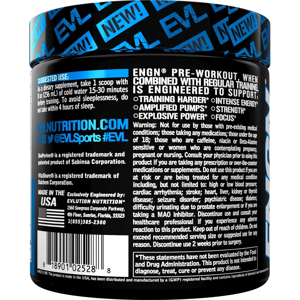 EVL Intense Pre Workout with Creatine - ENGN Energizing Pre Workout for Men Powder Drink for Lasting Energy Focus and Recovery - with Beta Alanine Caffeine and L Theanine - Blue Raz