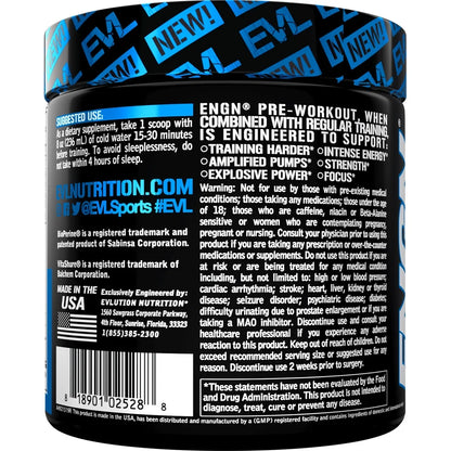 EVL Intense Pre Workout with Creatine - ENGN Energizing Pre Workout for Men Powder Drink for Lasting Energy Focus and Recovery - with Beta Alanine Caffeine and L Theanine - Blue Raz