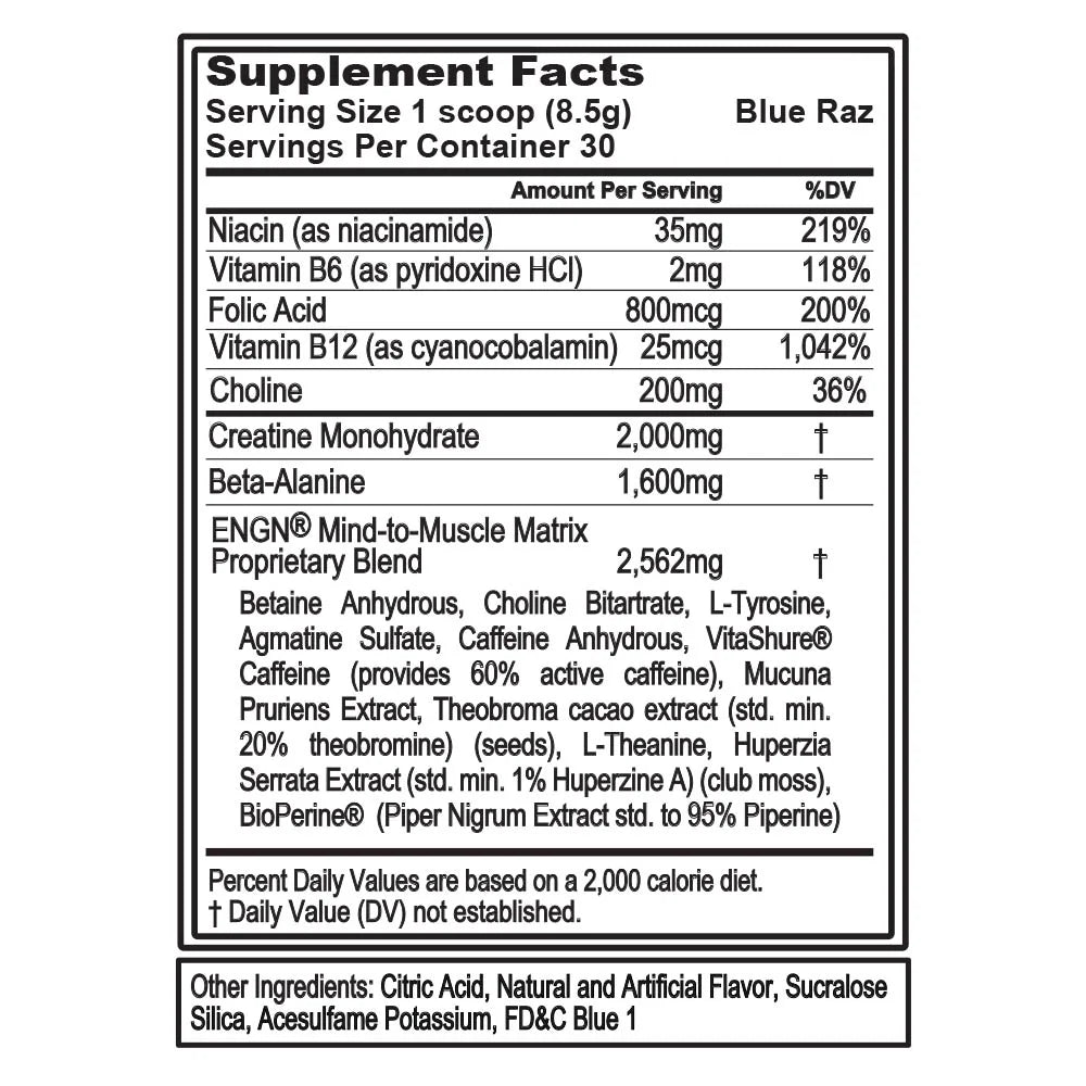 EVL Intense Pre Workout with Creatine - ENGN Energizing Pre Workout for Men Powder Drink for Lasting Energy Focus and Recovery - with Beta Alanine Caffeine and L Theanine - Blue Raz