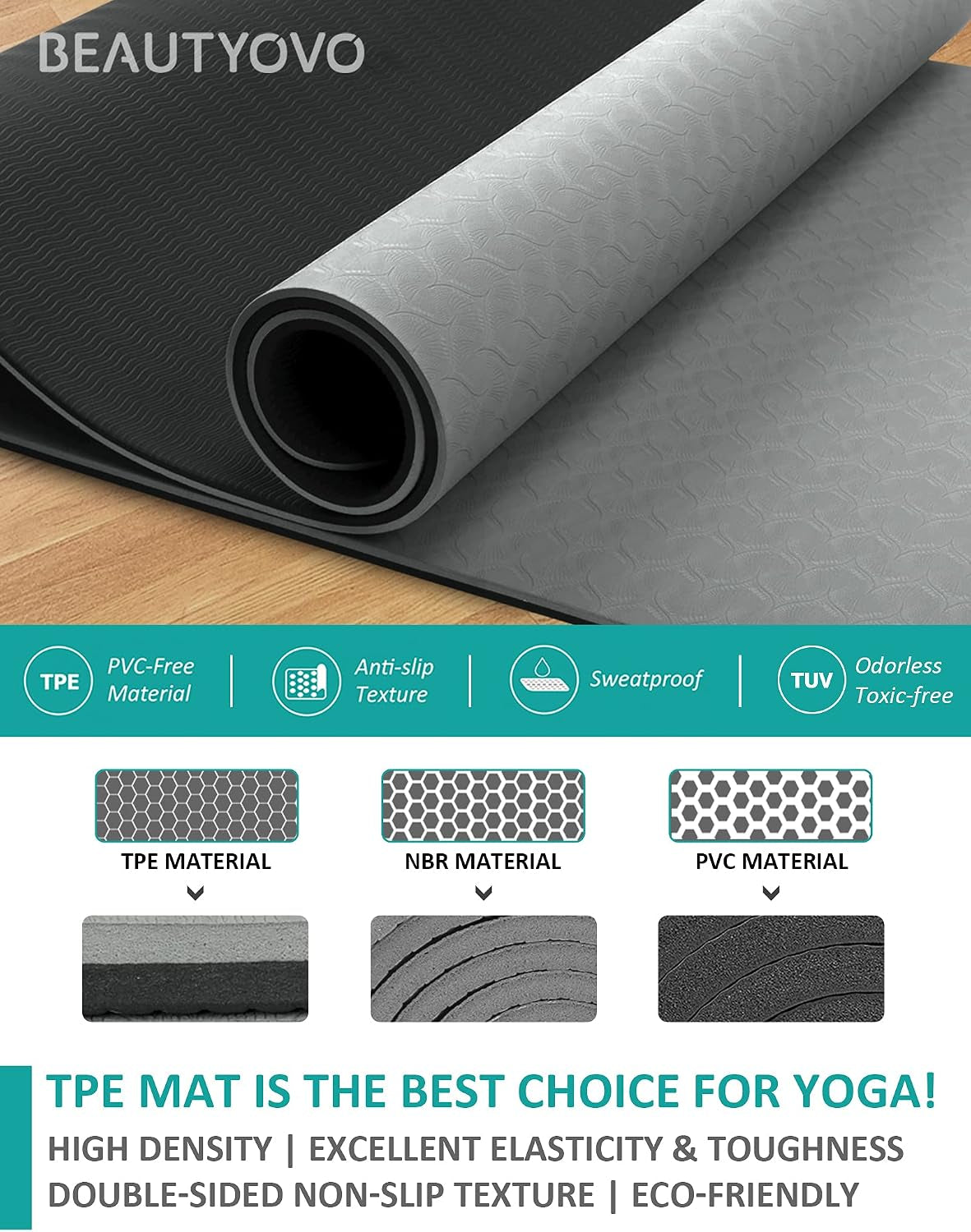 Yoga Mat with Strap, 1/3 Inch Extra Thick Yoga Mat Double-Sided Non Slip, Professional TPE Yoga Mats for Women Men, Workout Mat for Yoga, Pilates and Floor Exercises