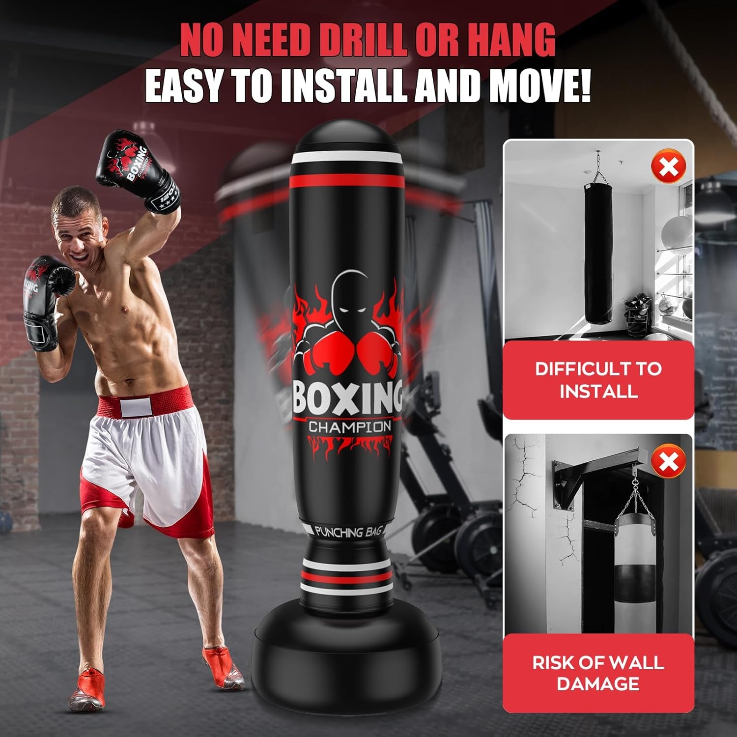 Freestanding Punching Bag for Adults,70'' Boxing Bag with Stand Kicking Bag Heavy Bag,Includes Boxing Gloves and Electric Air Pump,Women Men Kickboxing Bags for Beginners Training Thai Fitness Karate