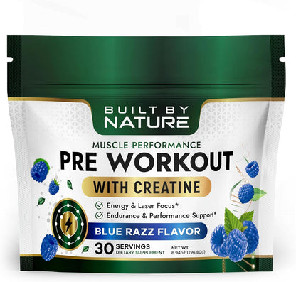 Pre Workout Powder for Men & Women – Preworkout with Creatine for Energy, Focus & Pumps – Sports Nutrition Pre-Workout Supplement – Blue Razz Flavor, 30 Servings