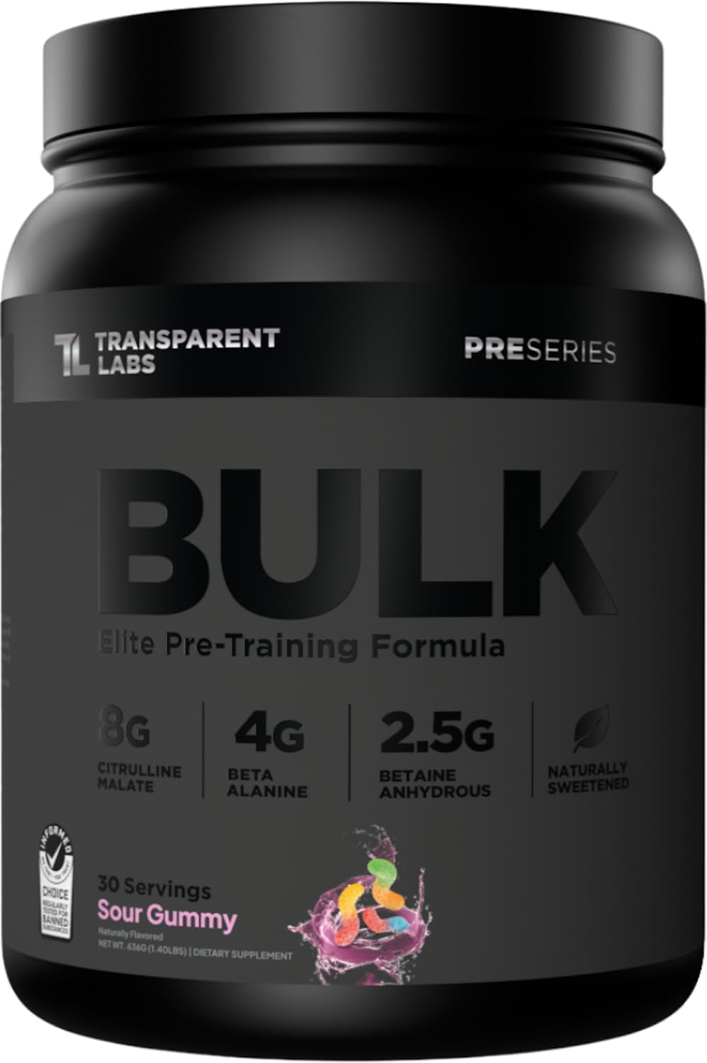 Bulk Black Pre Workout - Clinically Dosed, Sugar Free Preworkout for Men and Women with Beta Alanine Powder, Citrulline Malate, & Caffeine - 30 Servings, Sour Gummy