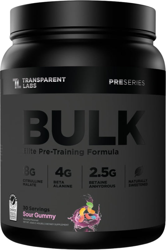 Bulk Black Pre Workout - Clinically Dosed, Sugar Free Preworkout for Men and Women with Beta Alanine Powder, Citrulline Malate, & Caffeine - 30 Servings, Sour Gummy