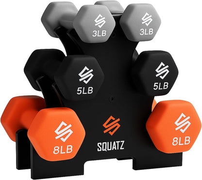 Dumbbell Weights Set with Stand, 32Lbs Neoprene Coated Weights in Color Gray, Black, and Orange, Hex Shape anti Slip and Roll Dumbbells for Exercise, Training, Fitness, Yoga