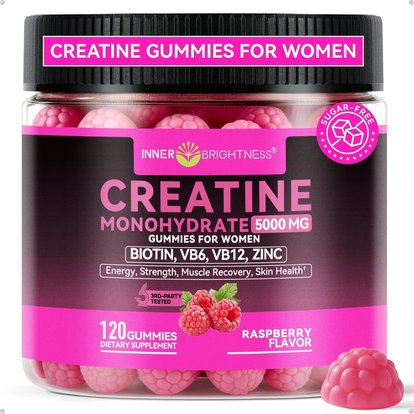 Creatine Monohydrate Gummies for Men & Women 5000 Mg, 3Rd Party Tested, Creatine Chews for Muscle Growth, Strength & Energy Support, Sugar Free, Vegan, 120 Count