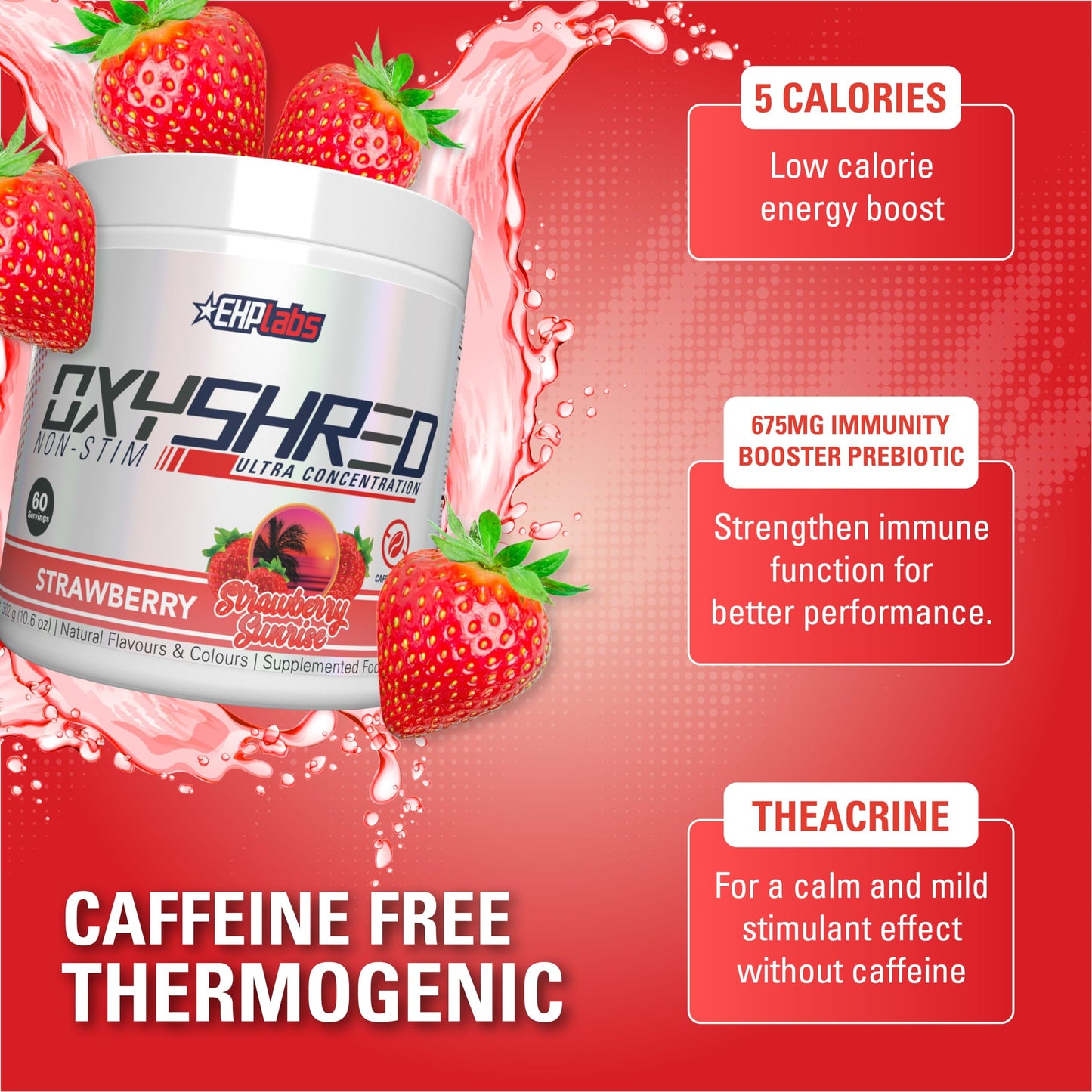 Oxyshred Non Stimulant Pre Workout Powder - Stim Free, Caffeine Free Preworkout for Men & Women - Non Stim Preworkout - Sugar Free Energy Powder - Strawberry, 60 Servings