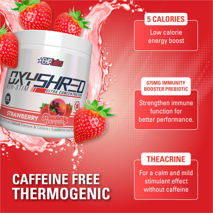 Oxyshred Non Stimulant Pre Workout Powder - Stim Free, Caffeine Free Preworkout for Men & Women - Non Stim Preworkout - Sugar Free Energy Powder - Strawberry, 60 Servings