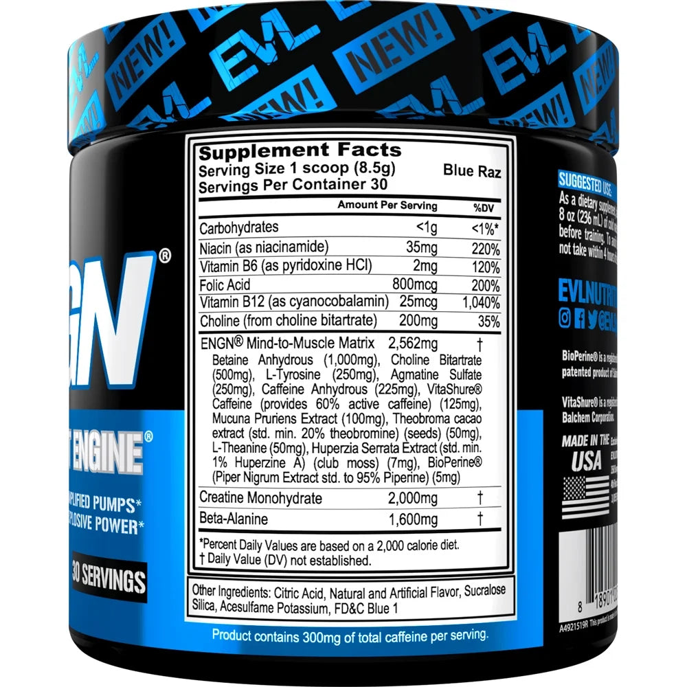 EVL Intense Pre Workout with Creatine - ENGN Energizing Pre Workout for Men Powder Drink for Lasting Energy Focus and Recovery - with Beta Alanine Caffeine and L Theanine - Blue Raz