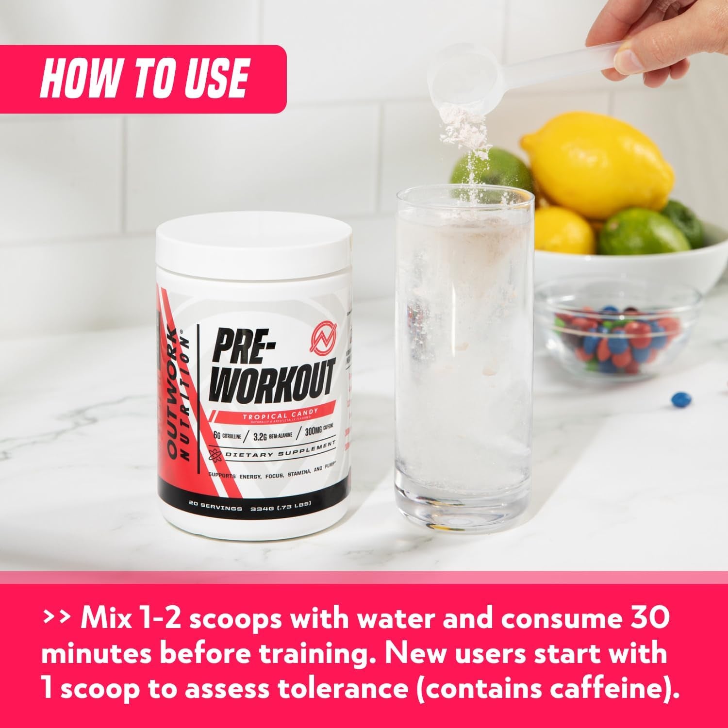 Preworkout for Men & Women - Nootropic Pre Workout without Creatine, Pre-Workout Powder with Taurine Rhodiola Citrulline Malate Beta Alanine Caffeine (Tropical Candy)