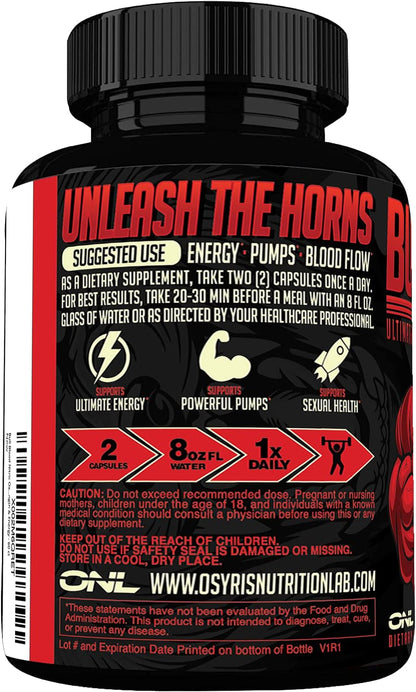 Bull Blood Nitric Oxide Supplements for Men - Nitrous Oxide Booster & Pre Workout Pills with L-Arginine - Blood Flow for Men - Nitric Oxide Booster for Enhancing Male Strength & Energy - 60Ct