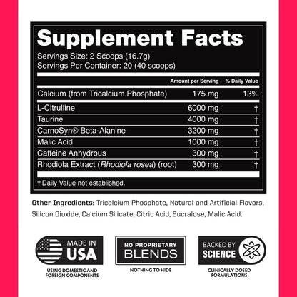 Preworkout for Men & Women - Nootropic Pre Workout without Creatine, Pre-Workout Powder with Taurine Rhodiola Citrulline Malate Beta Alanine Caffeine (Tropical Candy)