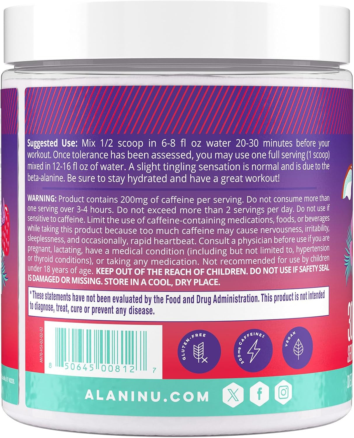 Pre Workout Powder Hawaiian Shaved ICE, Amino Energy Boost, Endurance Supplement, Sugar Free, 200Mg Caffeine, L-Theanine, Beta-Alanine, L-Citrulline, 30 Servings