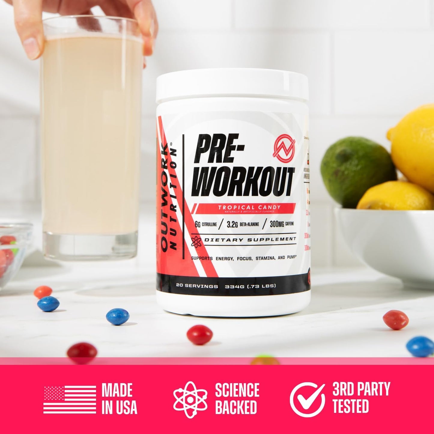 Preworkout for Men & Women - Nootropic Pre Workout without Creatine, Pre-Workout Powder with Taurine Rhodiola Citrulline Malate Beta Alanine Caffeine (Tropical Candy)