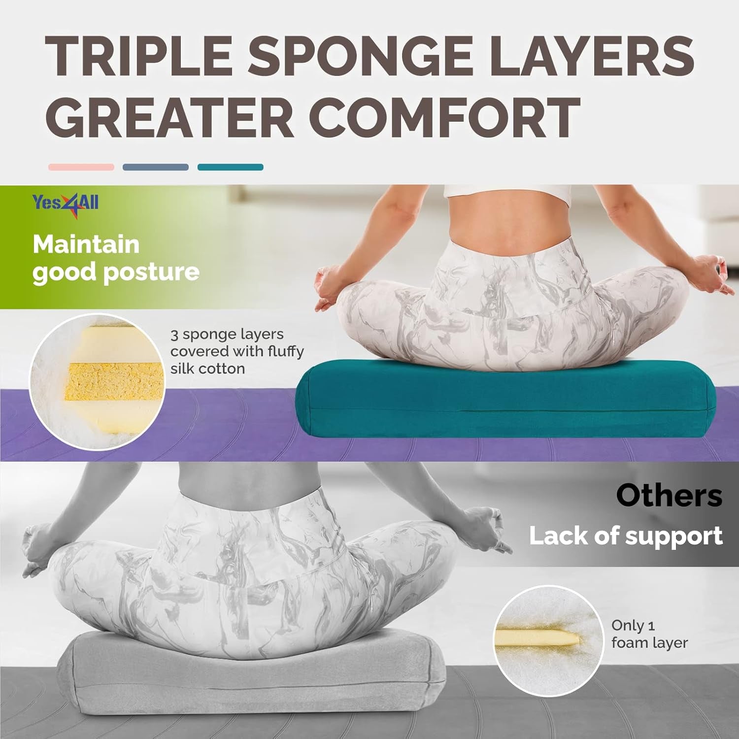 Triple-Layer Sponge Yoga Bolster Pillow for Restorative Yoga & Meditation - Versatile Yoga Support Pillow, Balance & Poses Modification