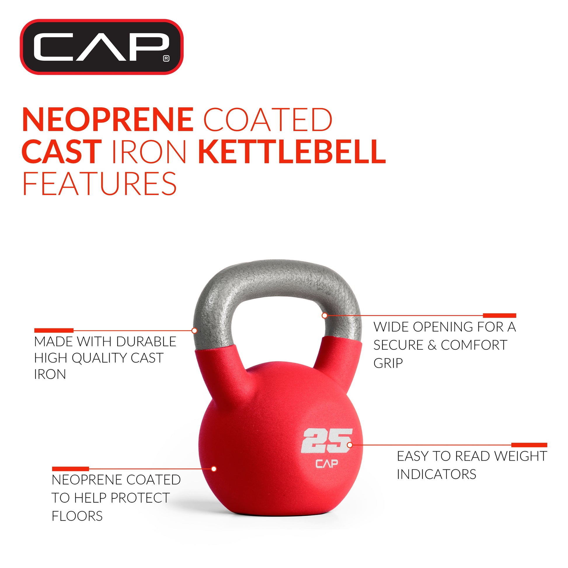 , 25Lb Neoprene Coated Kettlebell, Red