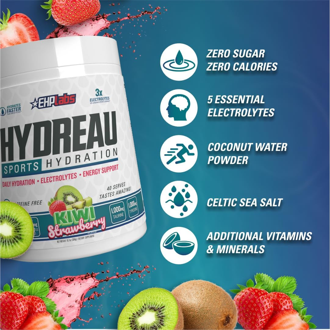Hydreau Electrolytes Powder No Sugar - Hydration Powder for Endurance & Energy - Electrolyte Powder for Men & Women - Sugar Free Electrolytes - Kiwi Strawberry (40 Serves)