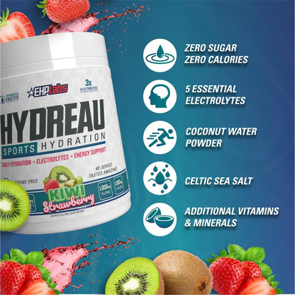 Hydreau Electrolytes Powder No Sugar - Hydration Powder for Endurance & Energy - Electrolyte Powder for Men & Women - Sugar Free Electrolytes - Kiwi Strawberry (40 Serves)
